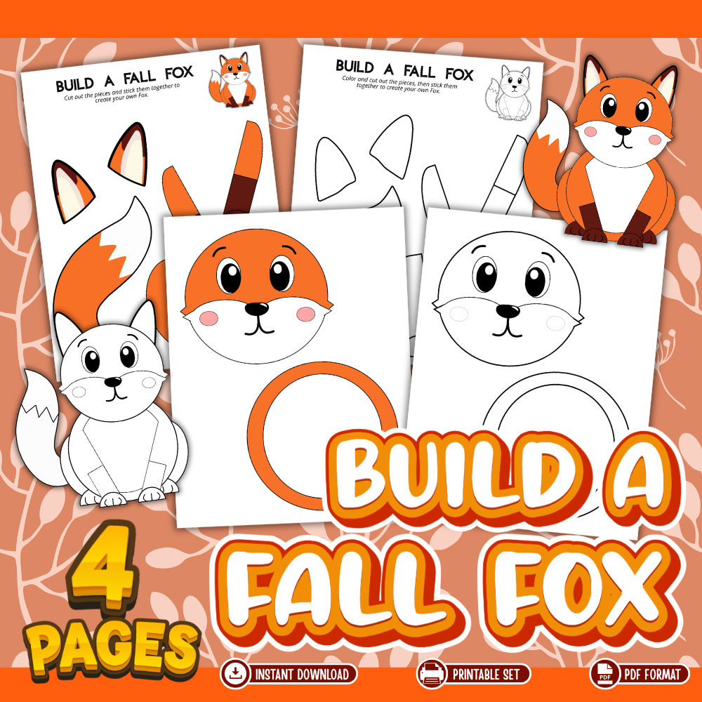 Printable fall fox craft showing fox face, body, ears and tail pieces in color and black-and-white versions for preschool cutting, coloring and assembling.