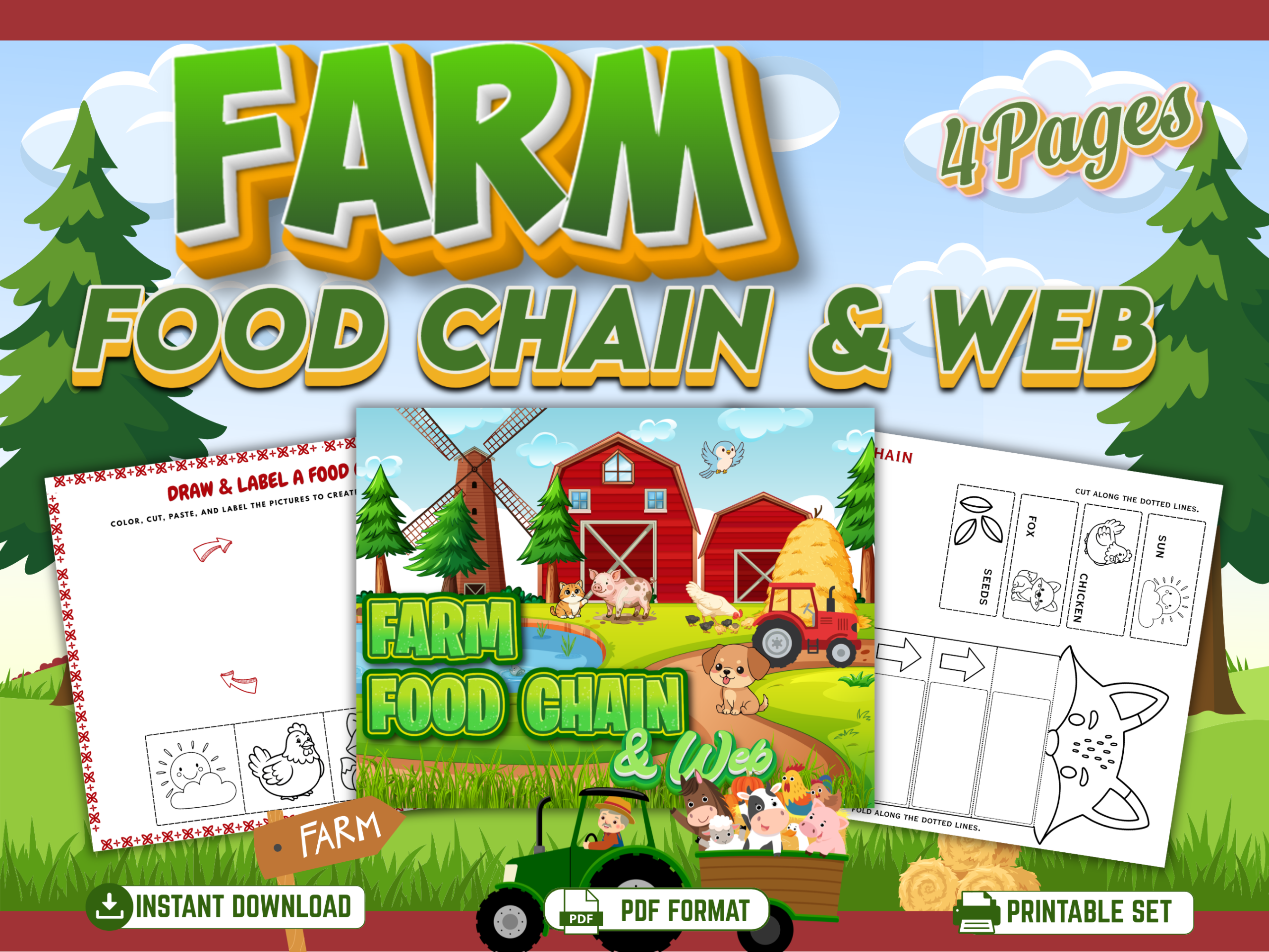 Farm food chain and food web printable activities for kids mockup