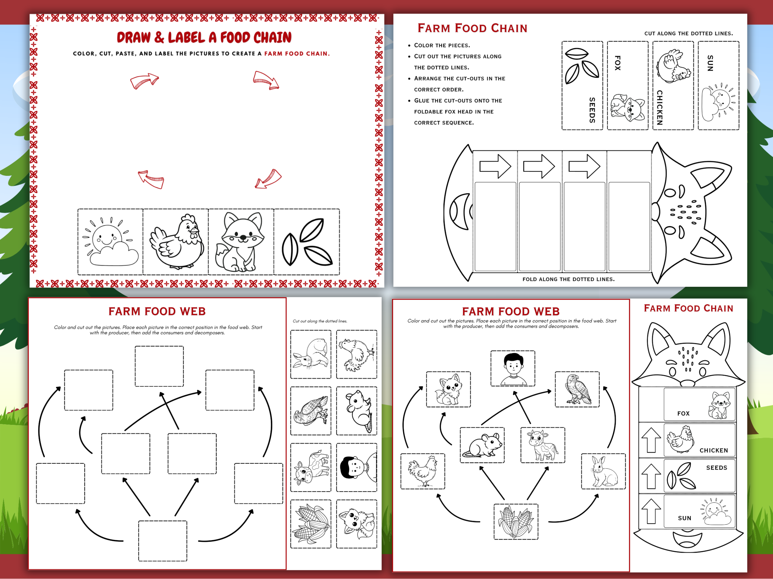 Farm food chain and food web printable activities for kids mockup