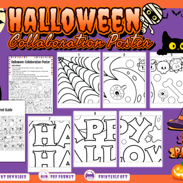 Halloween collaboration poster printable with numbered coloring sections, assembly guide, cute Halloween graphics, and 26-page digital PDF set.