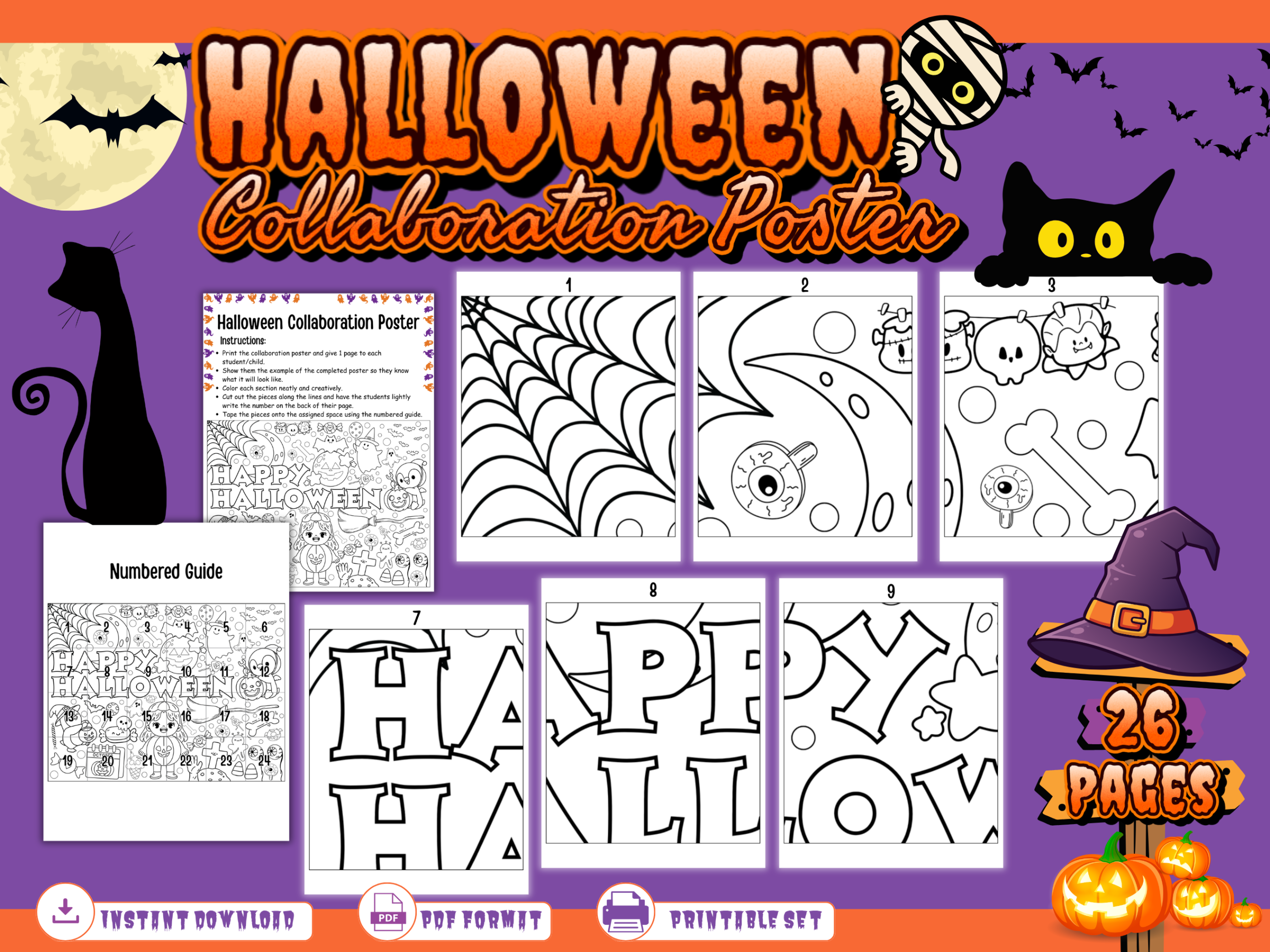 Halloween collaboration poster printable with numbered coloring sections, assembly guide, cute Halloween graphics, and 26-page digital PDF set.