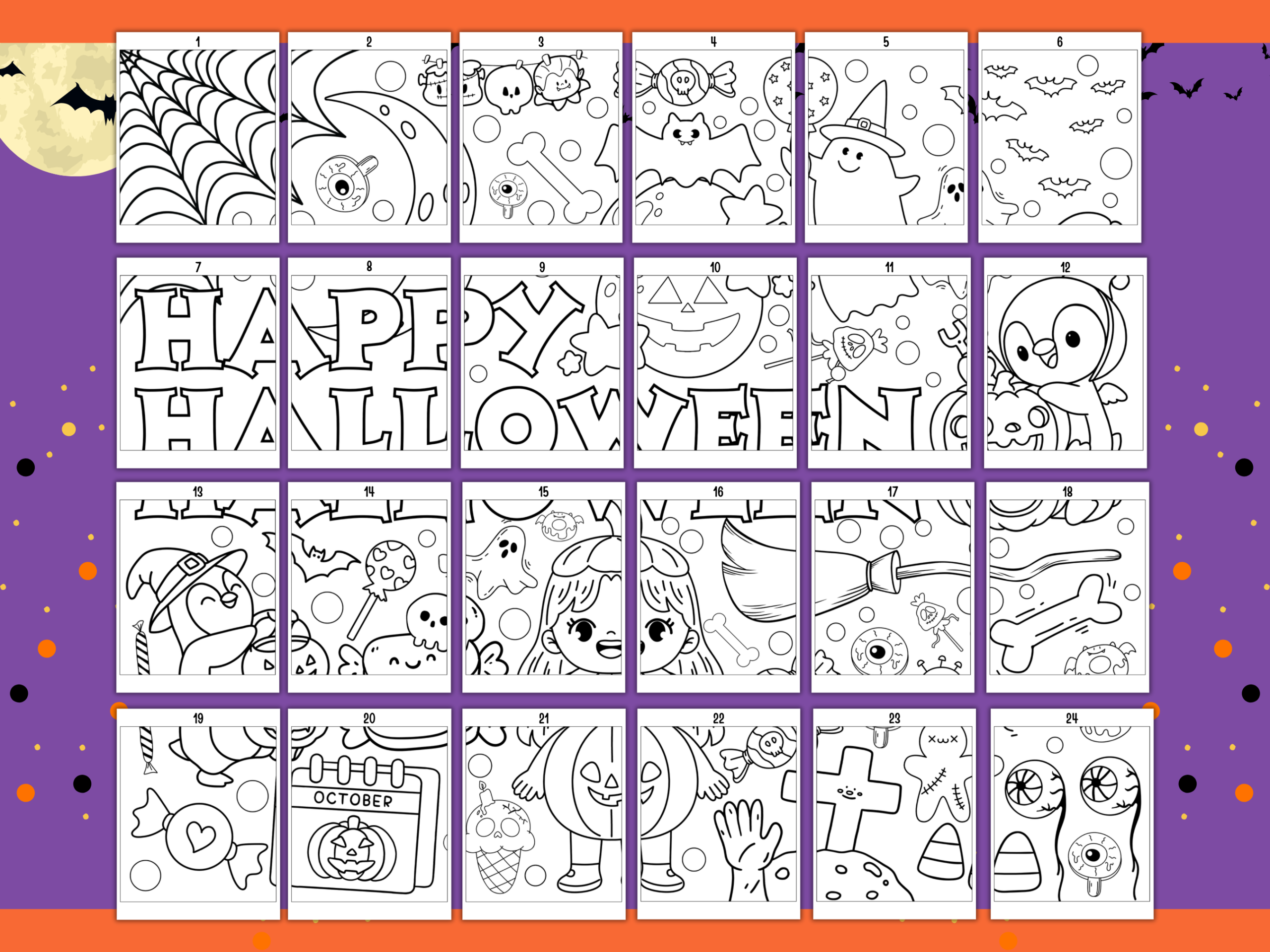Halloween collaboration poster printable with numbered coloring sections, assembly guide, cute Halloween graphics, and 26-page digital PDF set.