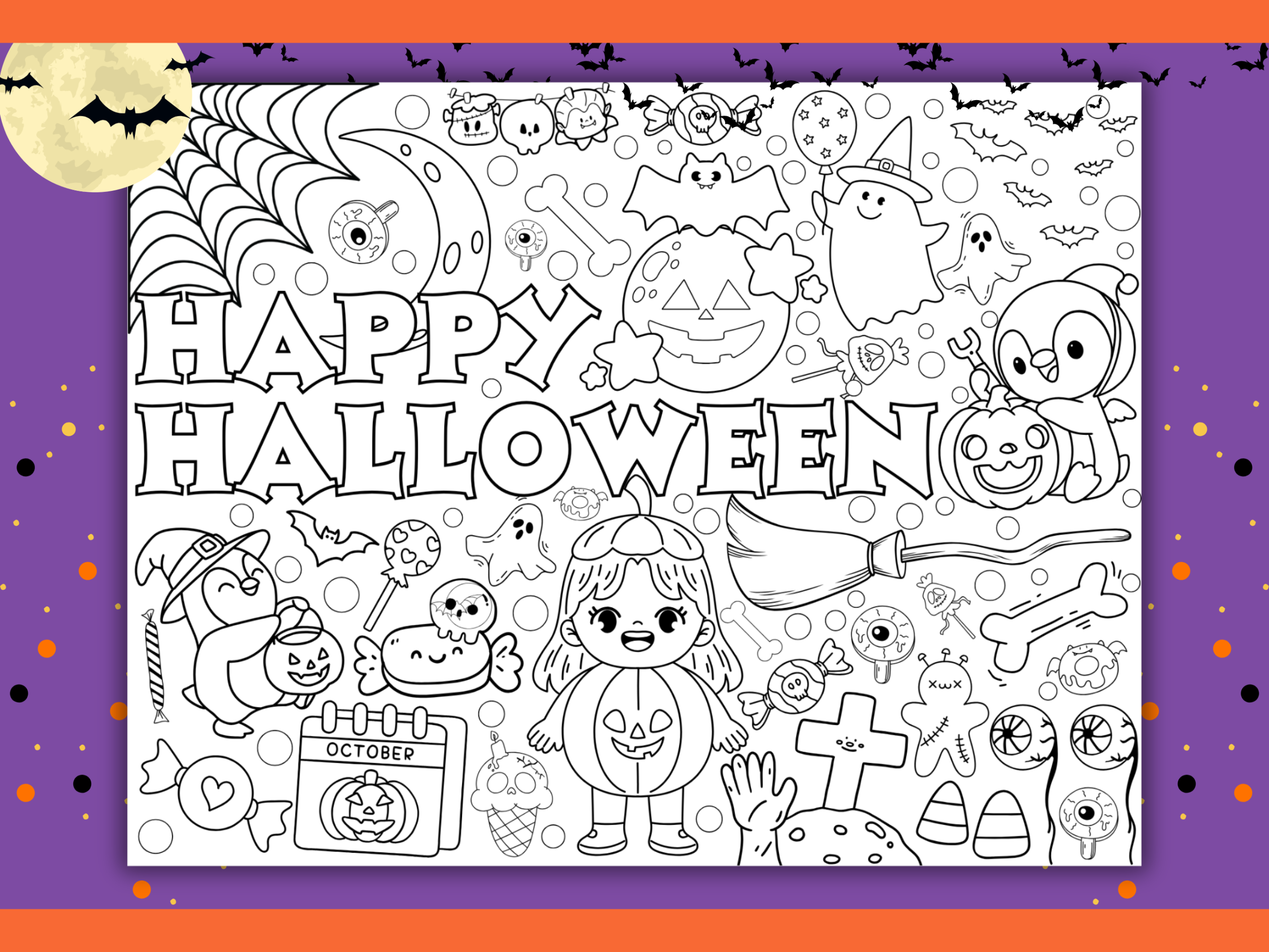 Halloween collaboration poster printable with numbered coloring sections, assembly guide, cute Halloween graphics, and 26-page digital PDF set.