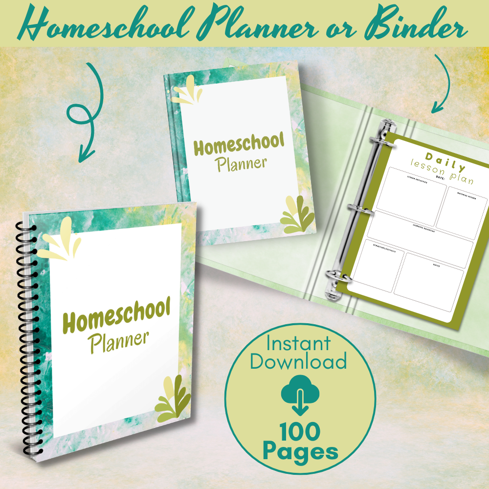 100-page printable Homeschool Planner and Binder in colorful watercolor design mockup
