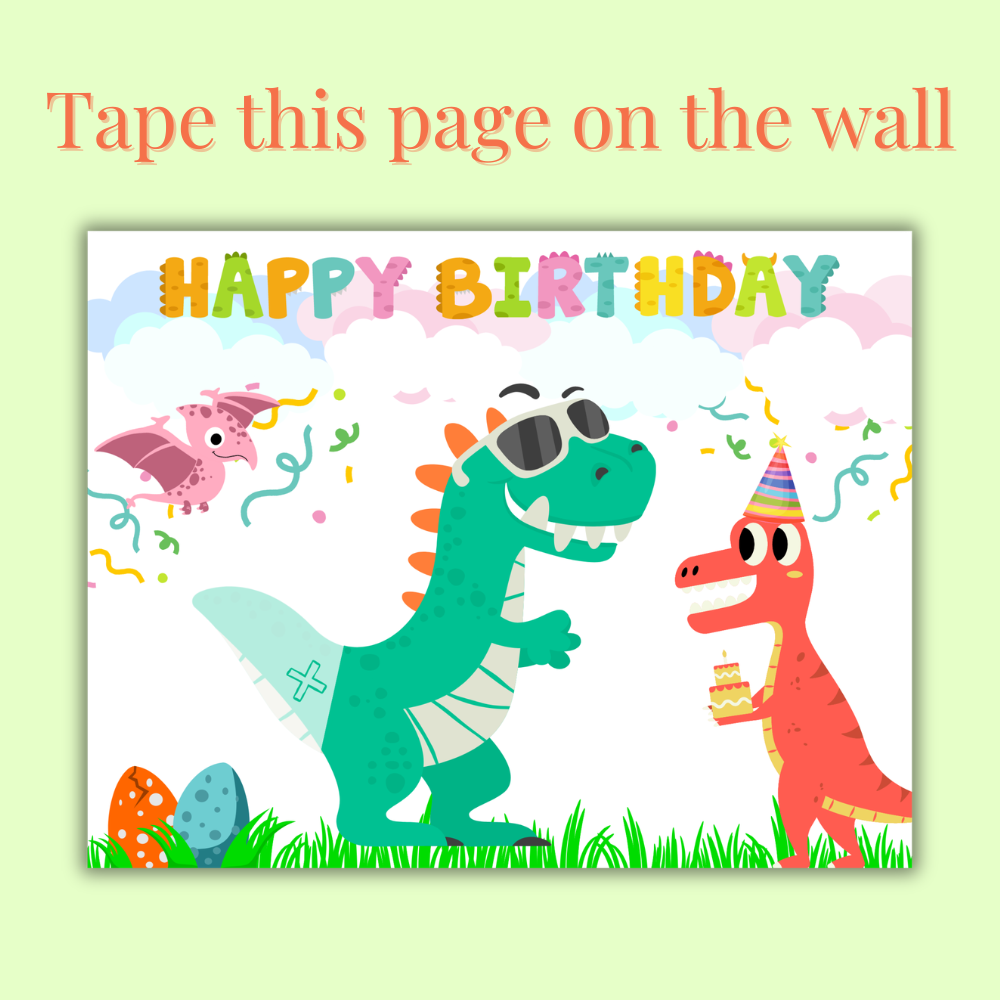 Printable Pin the Tail on the Dinosaur birthday party game featuring a colorful dinosaur poster, printable tails, and instruction sheet for dinosaur-themed celebrations. mockup
