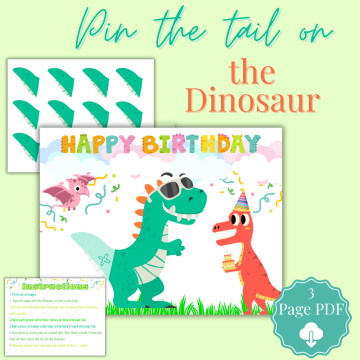 Printable Pin the Tail on the Dinosaur birthday party game featuring a colorful dinosaur poster, printable tails, and instruction sheet for dinosaur-themed celebrations. mockup