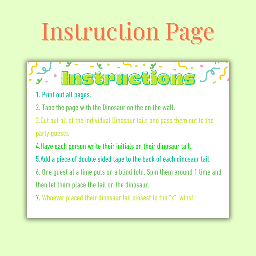 Printable Pin the Tail on the Dinosaur birthday party game featuring a colorful dinosaur poster, printable tails, and instruction sheet for dinosaur-themed celebrations. mockup