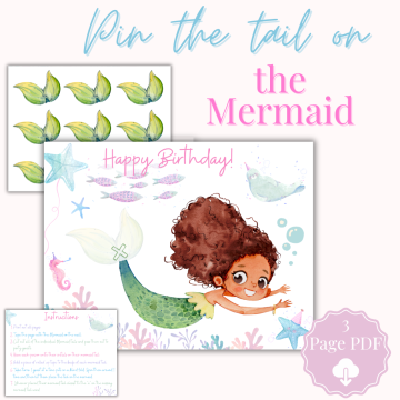 Pin the Tail on the Mermaid printable birthday party game with mermaid game board, printable mockup