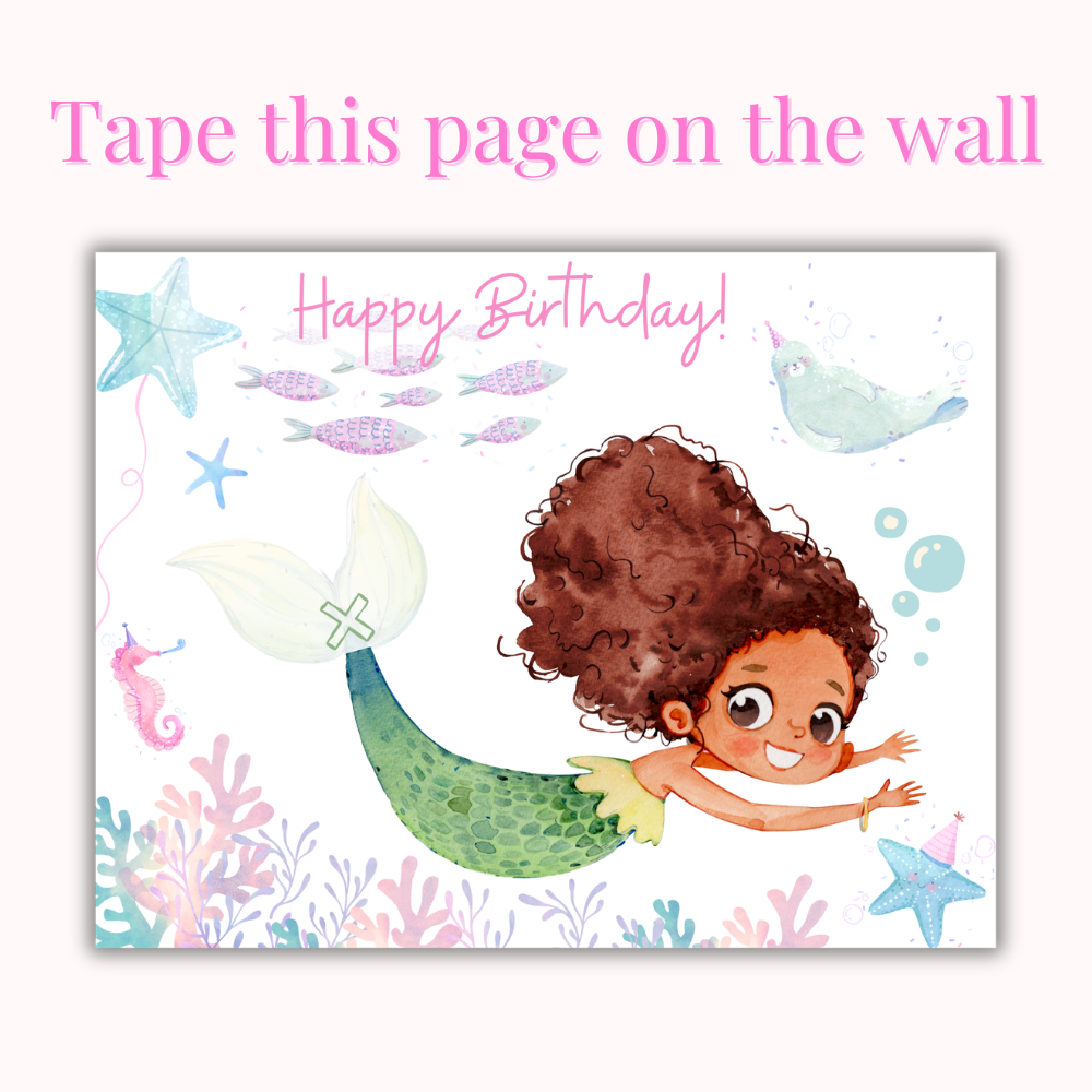 Pin the Tail on the Mermaid printable birthday party game with mermaid game board, printable mockup