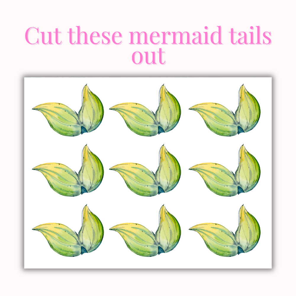 Pin the Tail on the Mermaid printable birthday party game with mermaid game board, printable mockup