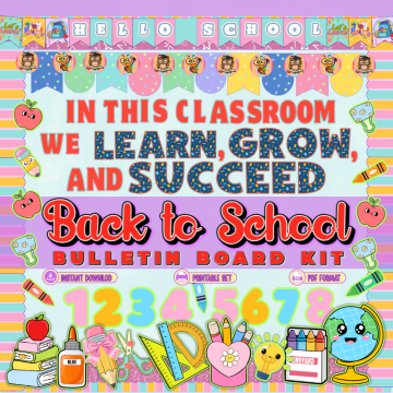 Colorful Back to School Bulletin Board Kit printable featuring “In This Classroom We Learn, Grow, and Succeed,” school supplies, numbers, and classroom decorations. mockup
