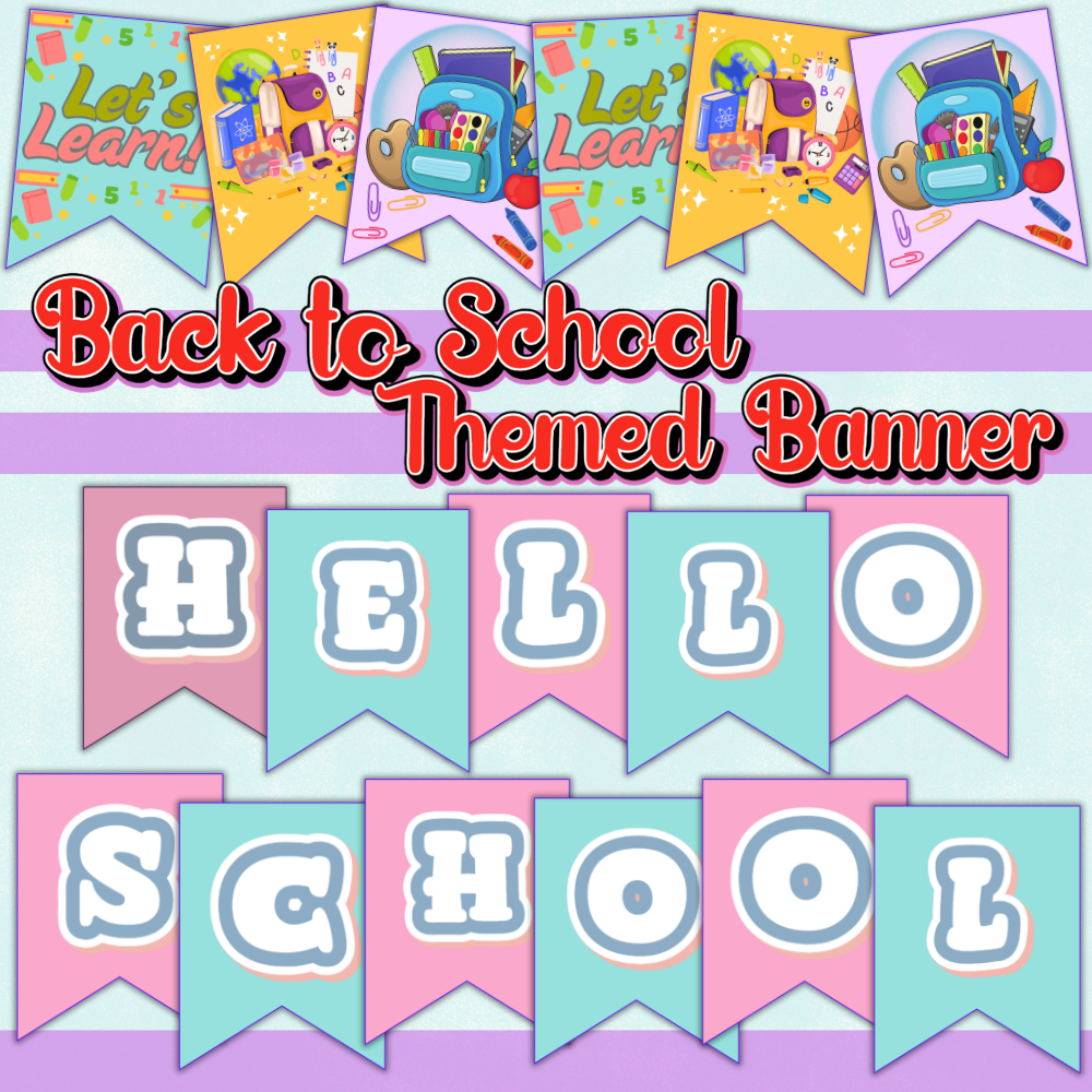Colorful Back to School Bulletin Board Kit printable featuring “In This Classroom We Learn, Grow, and Succeed,” school supplies, numbers, and classroom decorations. mockup