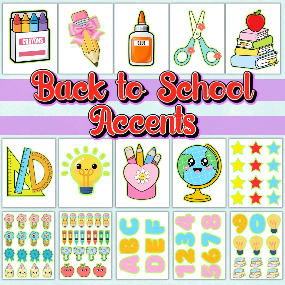 Colorful Back to School Bulletin Board Kit printable featuring “In This Classroom We Learn, Grow, and Succeed,” school supplies, numbers, and classroom decorations. mockup