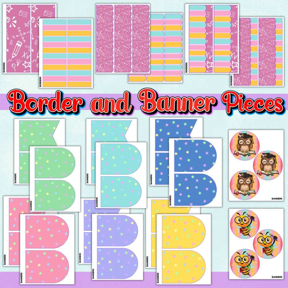 Colorful Back to School Bulletin Board Kit printable featuring “In This Classroom We Learn, Grow, and Succeed,” school supplies, numbers, and classroom decorations. mockup
