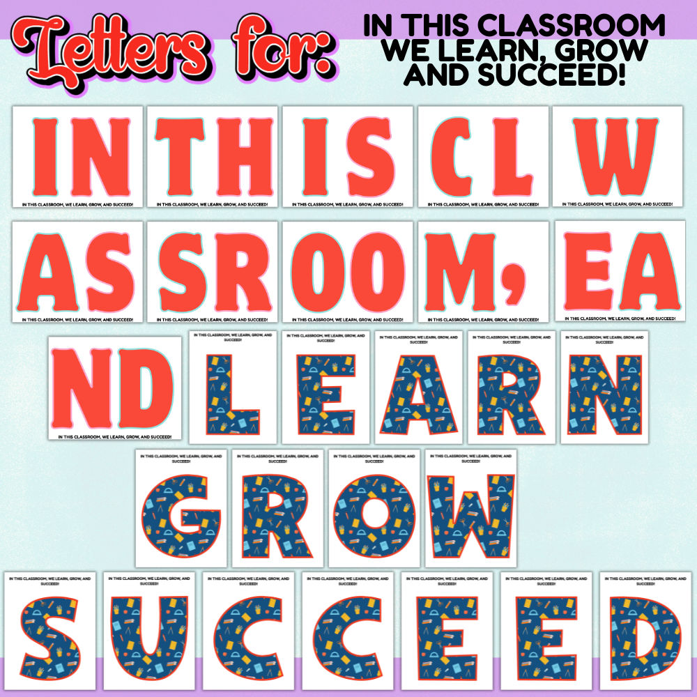 Colorful Back to School Bulletin Board Kit printable featuring “In This Classroom We Learn, Grow, and Succeed,” school supplies, numbers, and classroom decorations. mockup