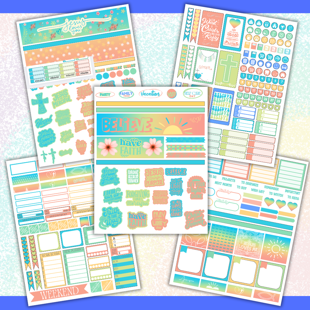 Printable Christian Planner Sticker Pack featuring faith planner stickers, Bible journal stickers, prayer reminders, scripture quotes, and colorful printable planner accessories.