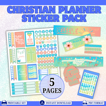 Printable Christian Planner Sticker Pack featuring faith planner stickers, Bible journal stickers, prayer reminders, scripture quotes, and colorful printable planner accessories.