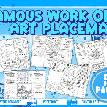 Famous Works of Art printable placemats featuring five educational art history activity pages for children mockup