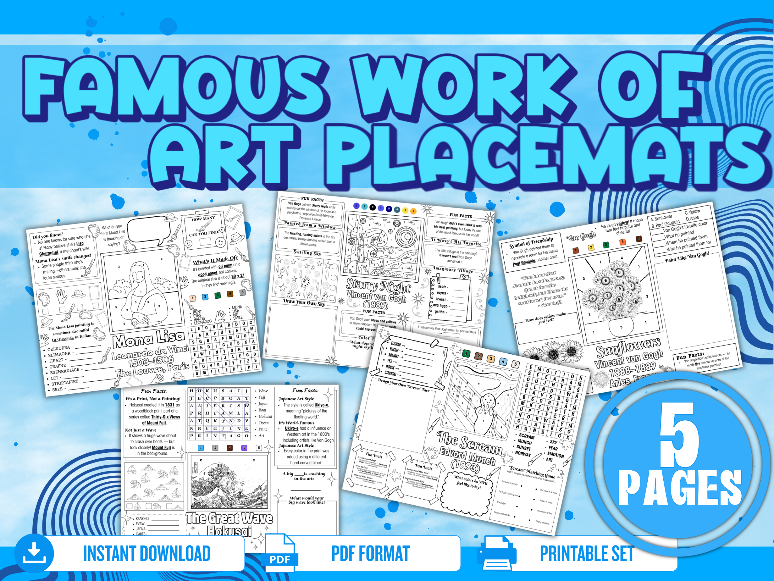 Famous Works of Art printable placemats featuring five educational art history activity pages for children mockup
