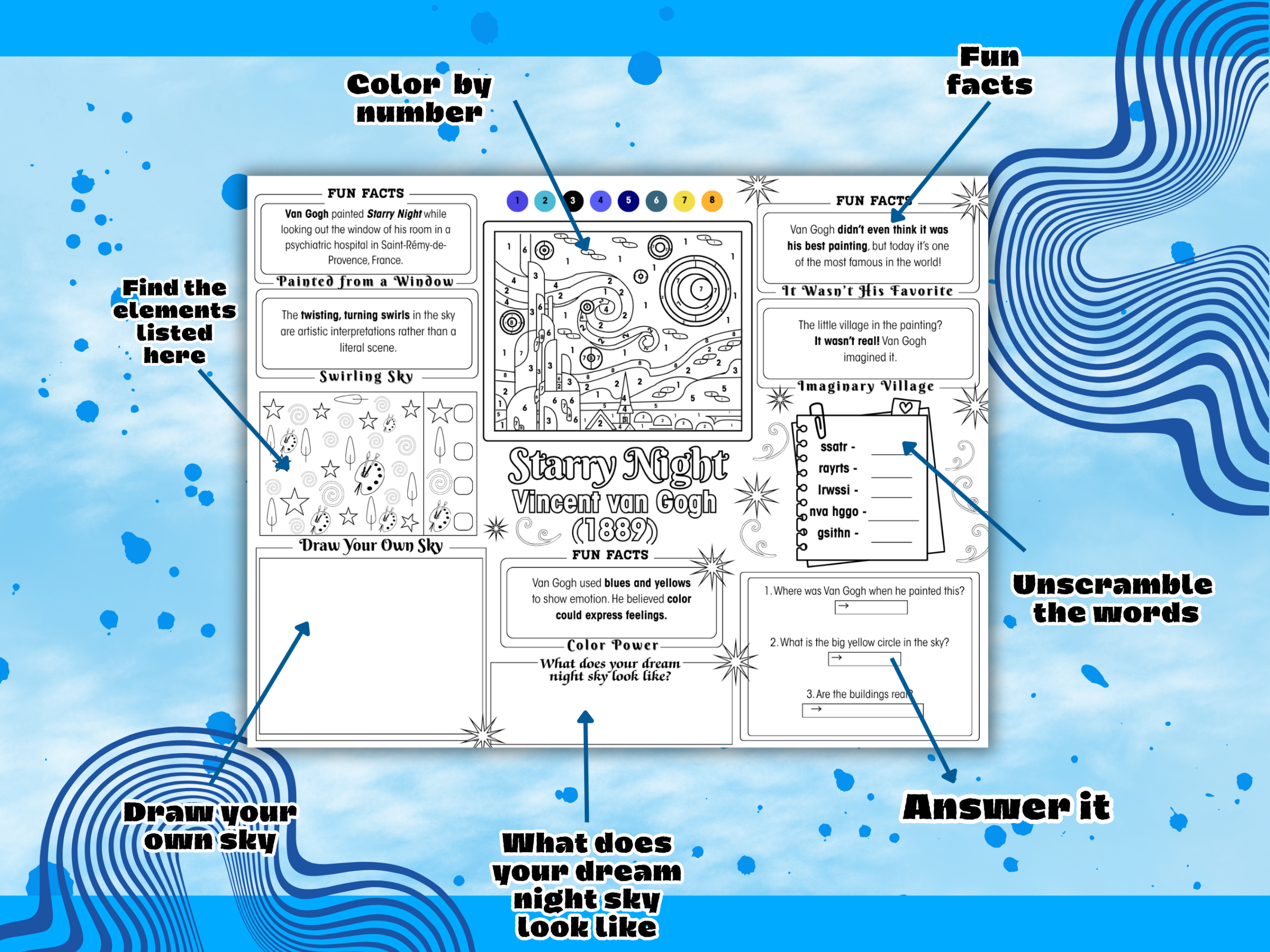 Famous Works of Art printable placemats featuring five educational art history activity pages for children mockup