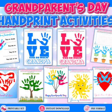 Grandparents Day handprint activities printable set featuring LOVE crafts for Grandma and Grandpa, handprint flowers, family tree, balloons, sunshine and heart keepsakes.