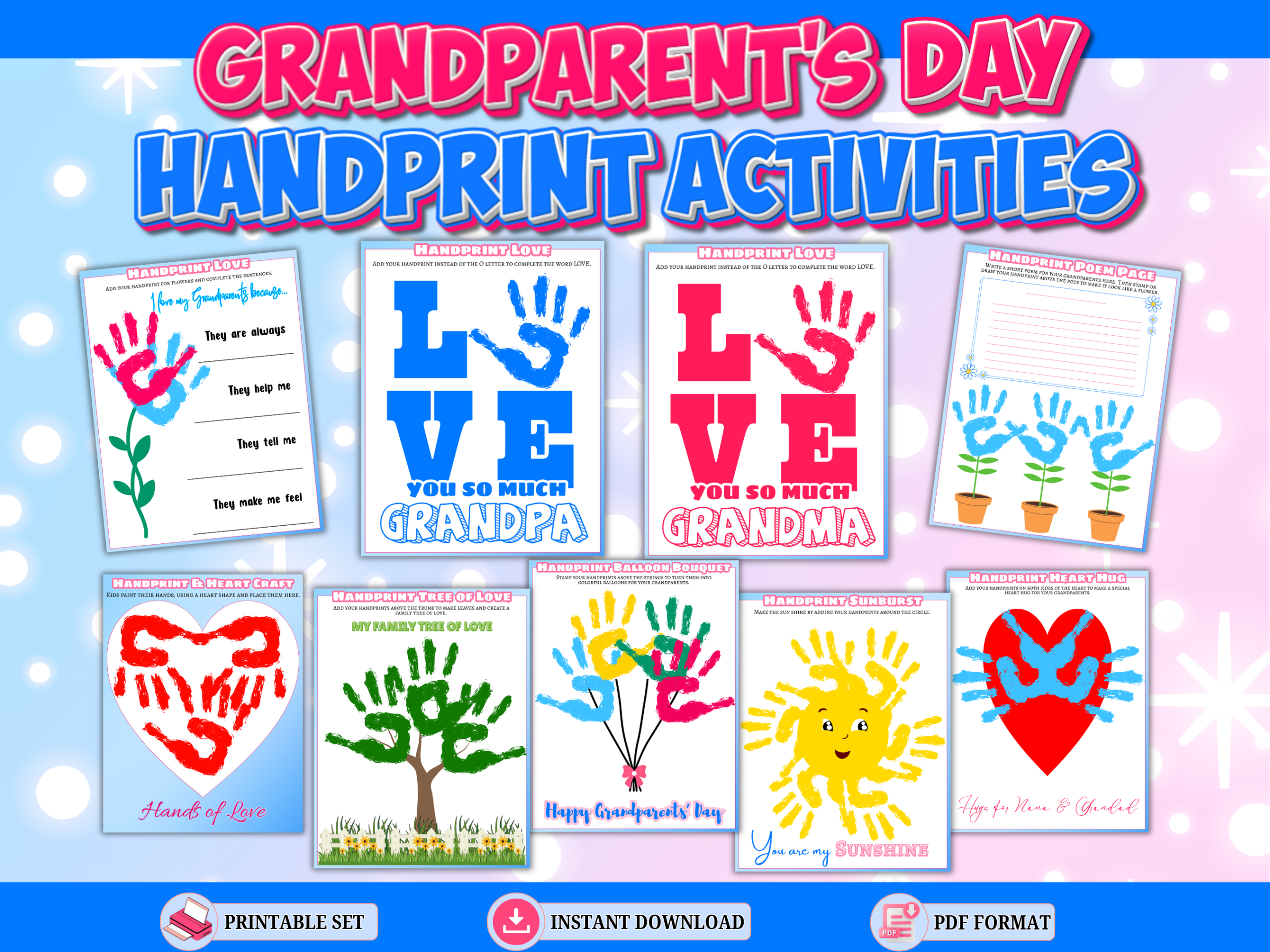 Grandparents Day handprint activities printable set featuring LOVE crafts for Grandma and Grandpa, handprint flowers, family tree, balloons, sunshine and heart keepsakes.