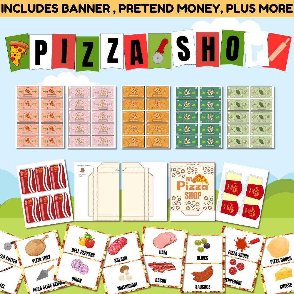 Pizza Shop Dramatic Play printable set mockup