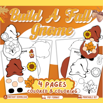 Build a Fall Gnome printable craft for kids featuring 4 colored and coloring pages with gnome hat, beard, sunflower and autumn leaf cut-and-paste pieces.