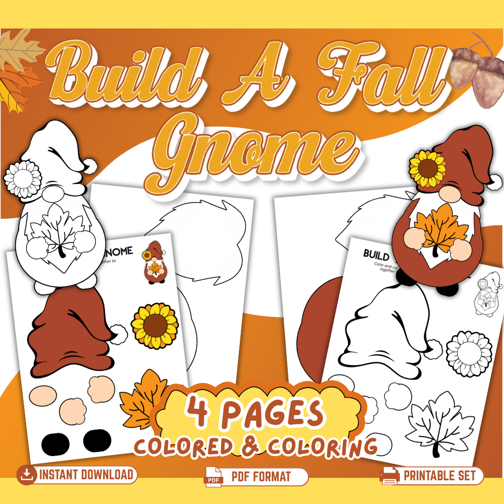 Build a Fall Gnome printable craft for kids featuring 4 colored and coloring pages with gnome hat, beard, sunflower and autumn leaf cut-and-paste pieces.