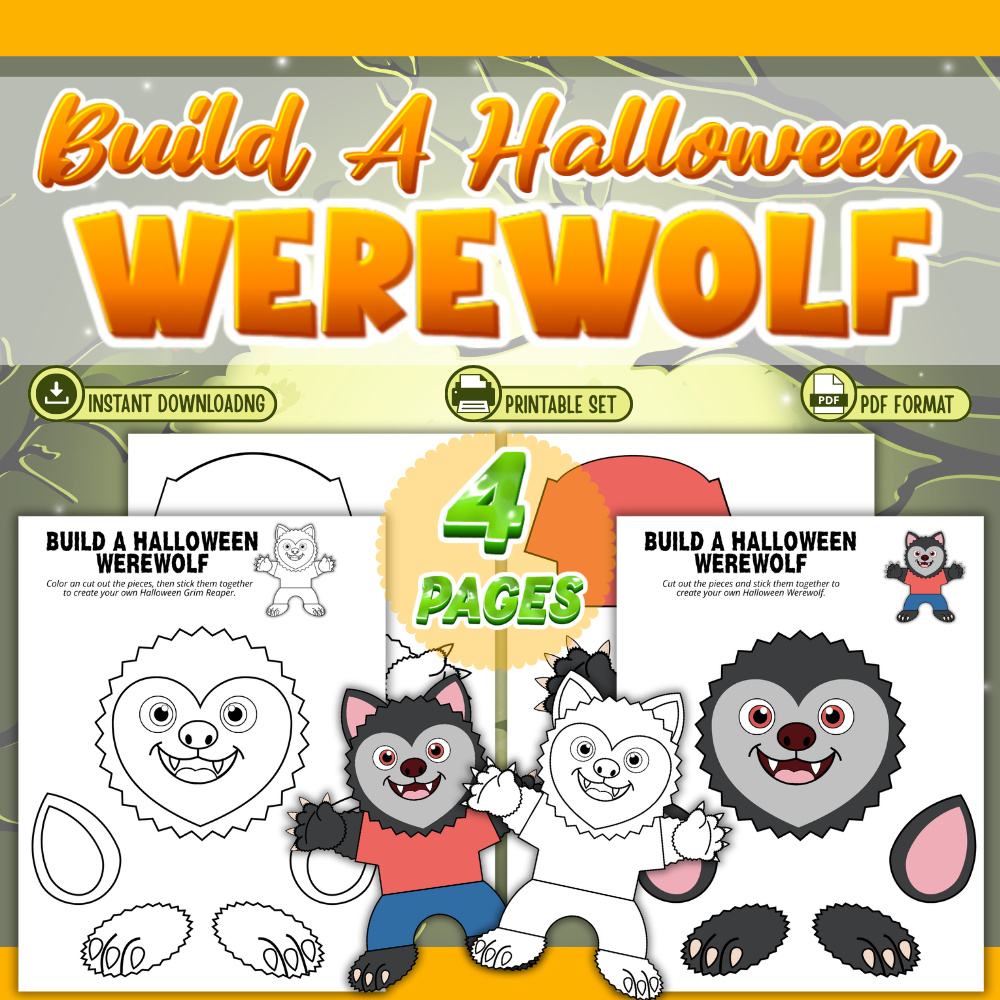 Build a Halloween Werewolf printable cut and paste craft for kids with coloring and full-color PDF pages.