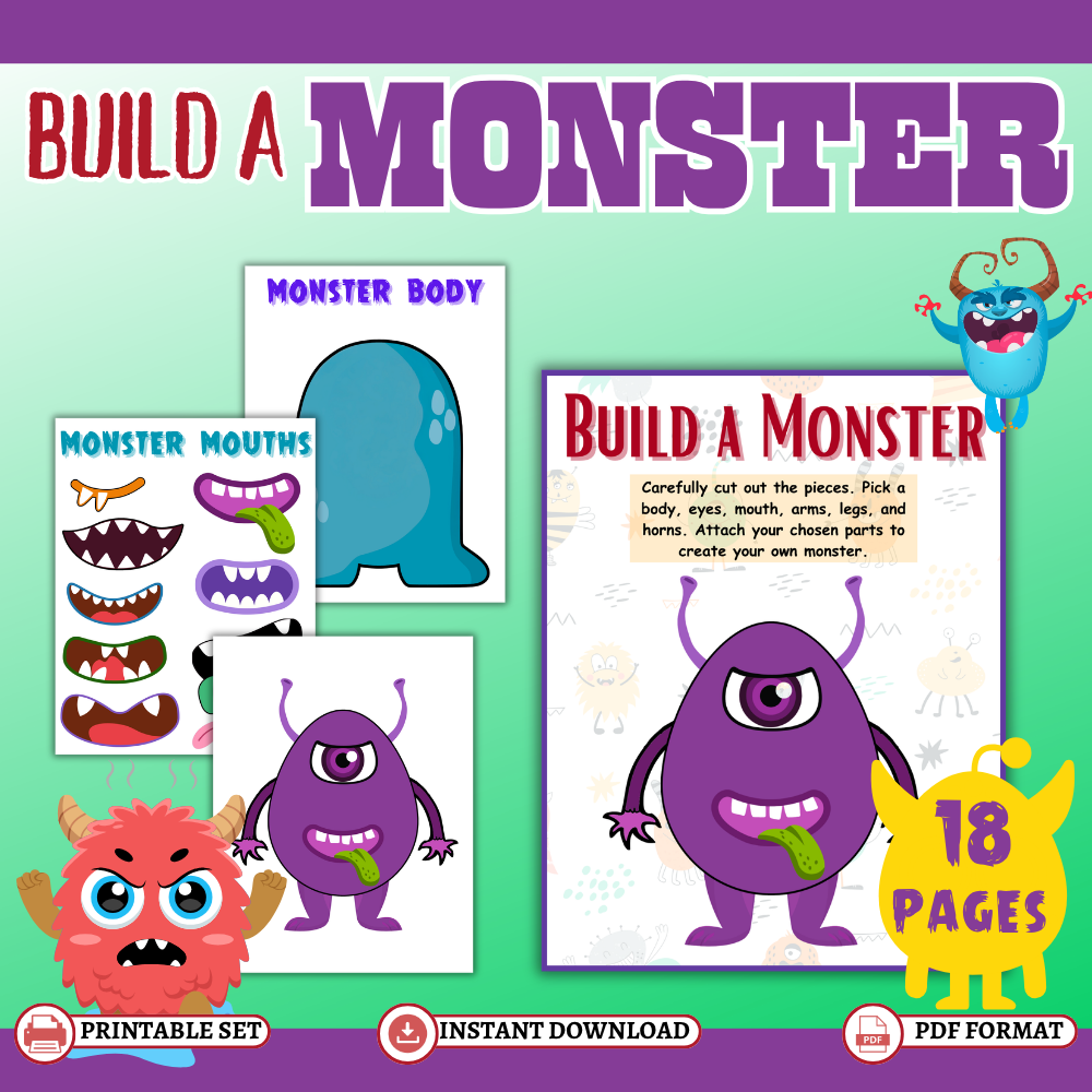 Colorful 18-page printable monster craft featuring eight different monster bodies and customizable eyes, horns, mouths, arms, and legs for creative cut-and-paste activities