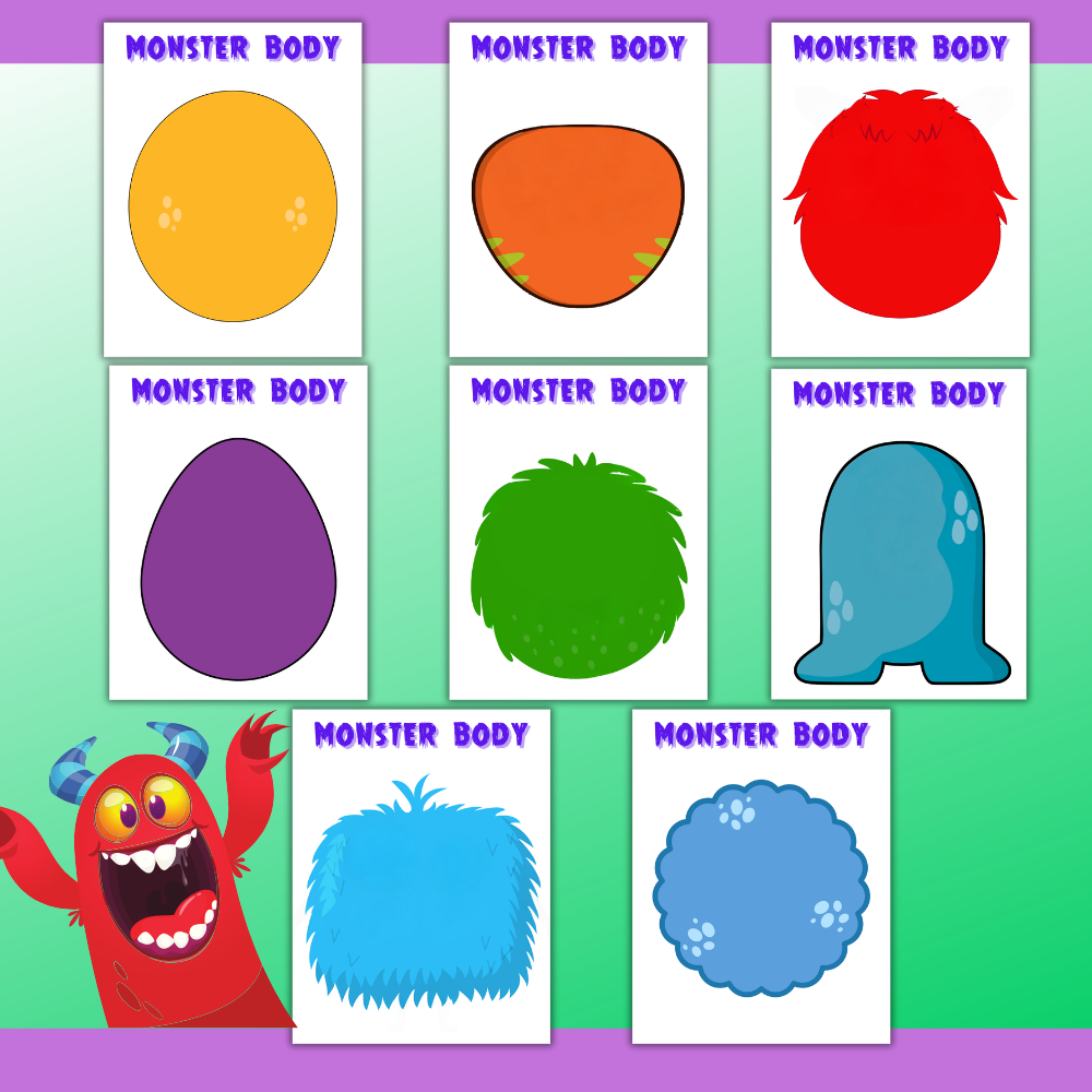 Colorful 18-page printable monster craft featuring eight different monster bodies and customizable eyes, horns, mouths, arms, and legs for creative cut-and-paste activities