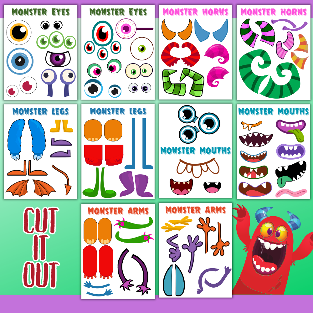 Colorful 18-page printable monster craft featuring eight different monster bodies and customizable eyes, horns, mouths, arms, and legs for creative cut-and-paste activities