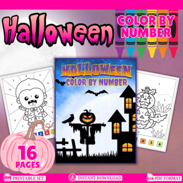 Promotional preview of a 16-page Halloween Color by Number PDF printable set with numbered coloring pages featuring pumpkins, ghosts, witches, vampires, spiders, and Halloween scenes