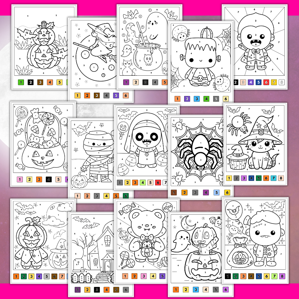 Promotional preview of a 16-page Halloween Color by Number PDF printable set with numbered coloring pages featuring pumpkins, ghosts, witches, vampires, spiders, and Halloween scenes