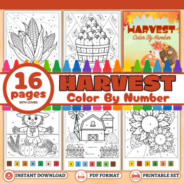 Harvest Color by Number printable pack with 15 autumn coloring worksheets featuring pumpkins, sunflowers, scarecrows, corn, and farm scenes