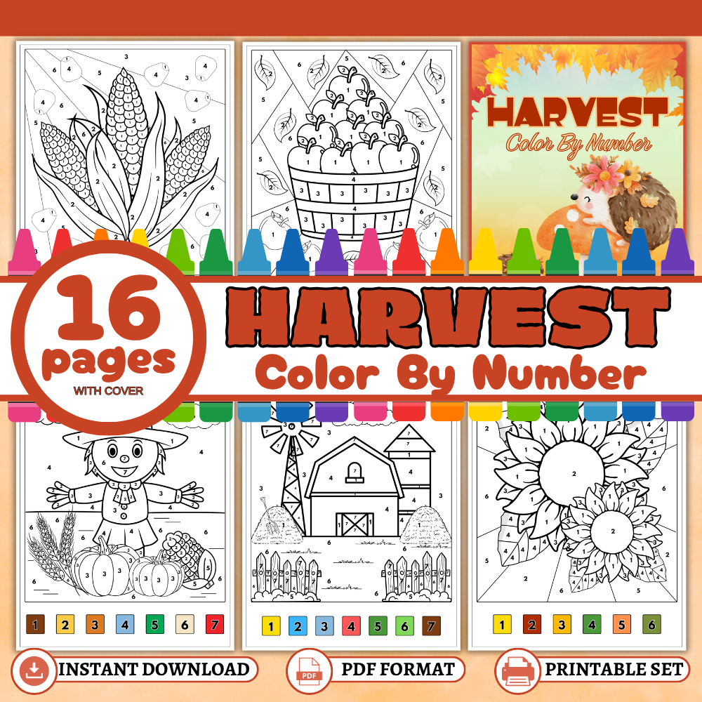 Harvest Color by Number printable pack with 15 autumn coloring worksheets featuring pumpkins, sunflowers, scarecrows, corn, and farm scenes