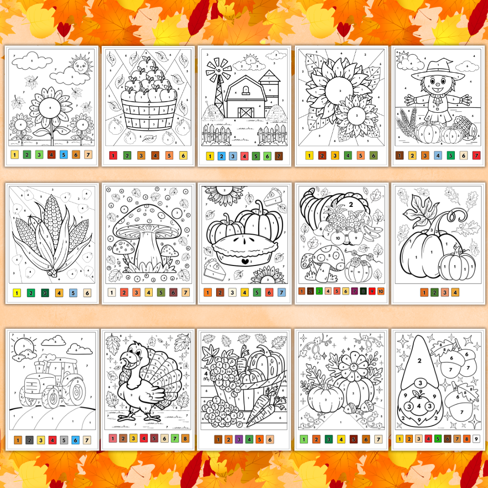 Harvest Color by Number printable pack with 15 autumn coloring worksheets featuring pumpkins, sunflowers, scarecrows, corn, and farm scenes