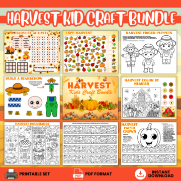 Fall harvest printable activity bundle featuring eight activity types including build-a-scarecrow, pumpkin crown, harvest finger puppets, coloring pages, bookmarks, I Spy, color-by-number, and puzzles