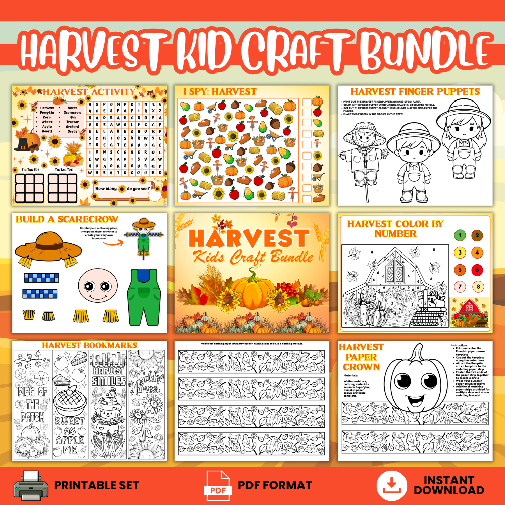 Fall harvest printable activity bundle featuring eight activity types including build-a-scarecrow, pumpkin crown, harvest finger puppets, coloring pages, bookmarks, I Spy, color-by-number, and puzzles