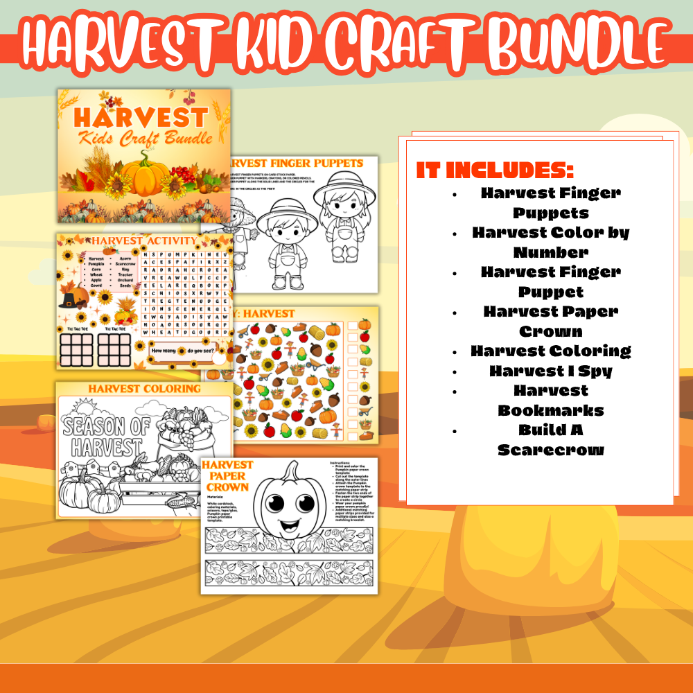Fall harvest printable activity bundle featuring eight activity types including build-a-scarecrow, pumpkin crown, harvest finger puppets, coloring pages, bookmarks, I Spy, color-by-number, and puzzles