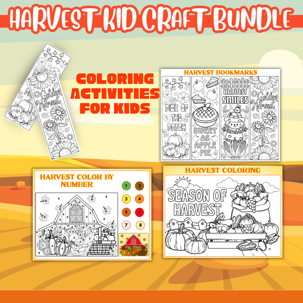 Fall harvest printable activity bundle featuring eight activity types including build-a-scarecrow, pumpkin crown, harvest finger puppets, coloring pages, bookmarks, I Spy, color-by-number, and puzzles