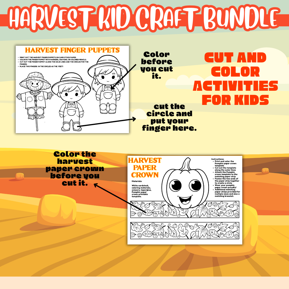 Fall harvest printable activity bundle featuring eight activity types including build-a-scarecrow, pumpkin crown, harvest finger puppets, coloring pages, bookmarks, I Spy, color-by-number, and puzzles