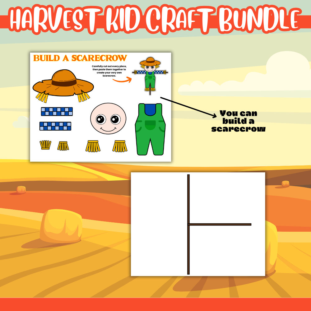Fall harvest printable activity bundle featuring eight activity types including build-a-scarecrow, pumpkin crown, harvest finger puppets, coloring pages, bookmarks, I Spy, color-by-number, and puzzles