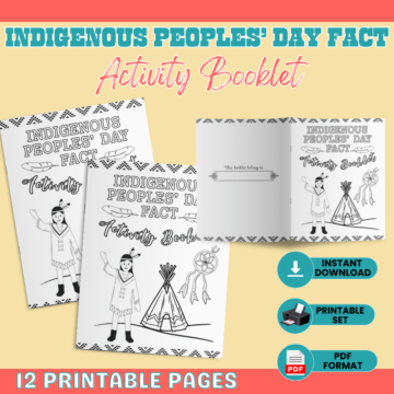 Promotional preview of an Indigenous Peoples’ Day printable educational activity booklet featuring facts, puzzles, coloring, tracing, writing, and matching exercises