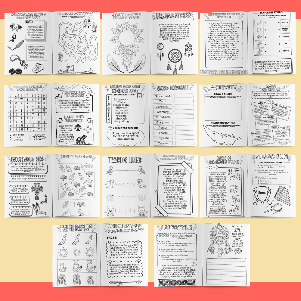 Promotional preview of an Indigenous Peoples’ Day printable educational activity booklet featuring facts, puzzles, coloring, tracing, writing, and matching exercises